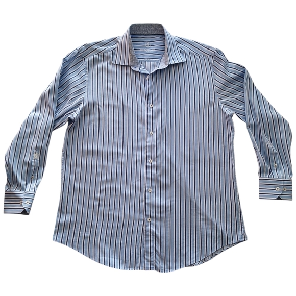 Bugatchi Uomo Mens Dress Shirt Striped Blue White Size 16.5/ 32-33 - Picture 1 of 9